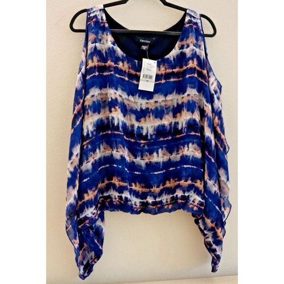 Karen Kane Women's Plus Sz 1X Seaside Blue Tie Dye Cold Shoulder Scarf Top $150 - Picture 3 of 10